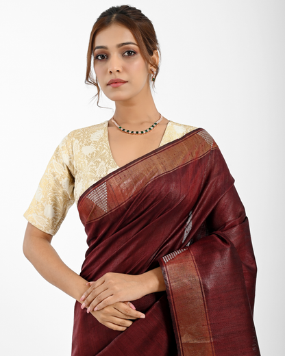 MAROON DUPION SILK SAREE WITH GOLDEN PALLU