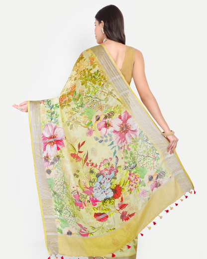YELLOW FLORAL LINEN SAREE