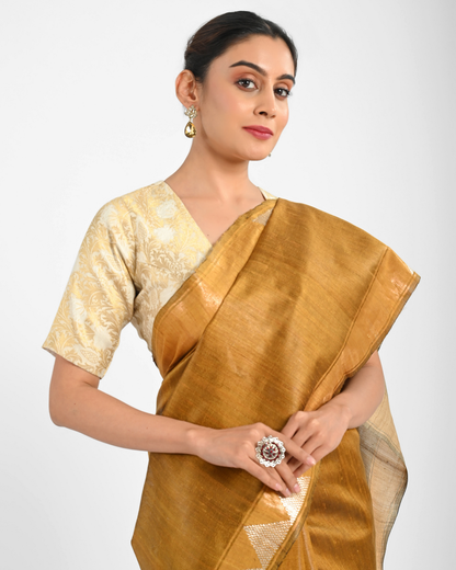 GOLDEN MUSTARD DUPION SILK SAREE WITH BEIGE PALLU