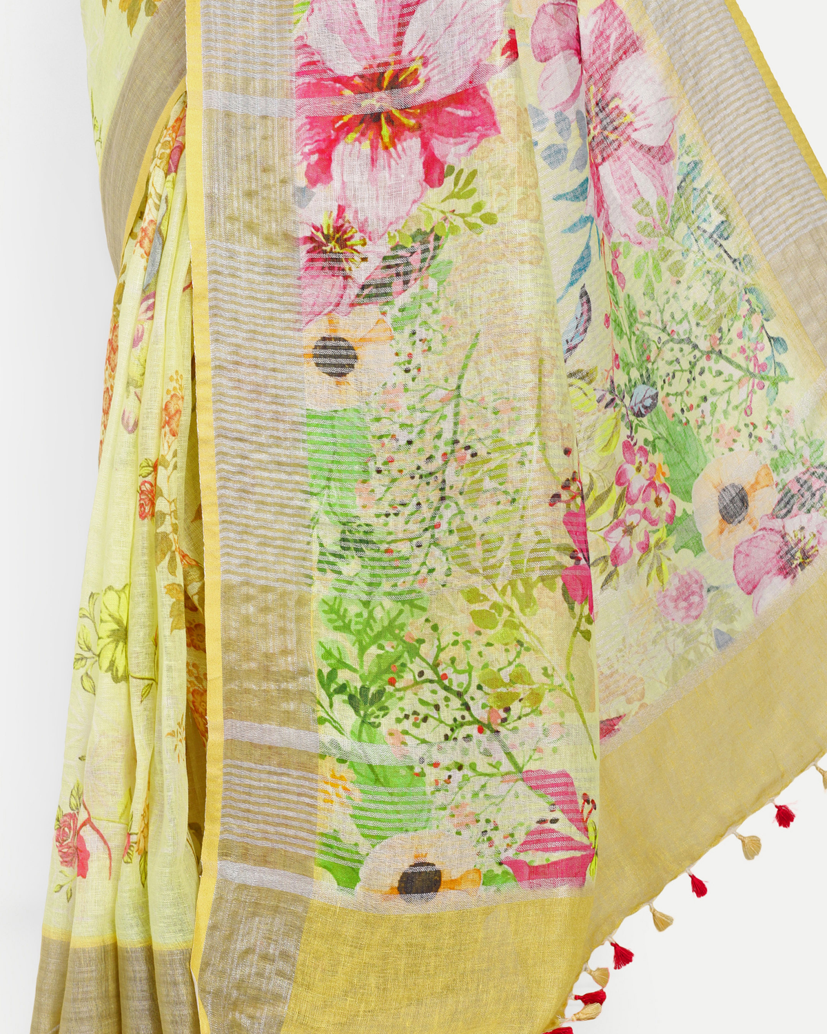 YELLOW FLORAL LINEN SAREE