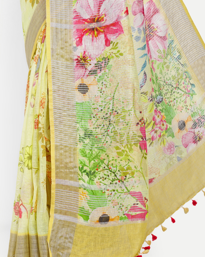 YELLOW FLORAL LINEN SAREE