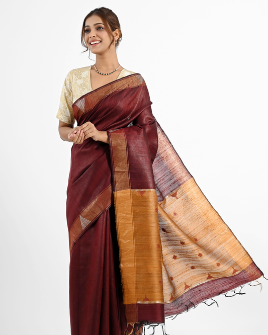 MAROON DUPION SILK SAREE WITH GOLDEN PALLU