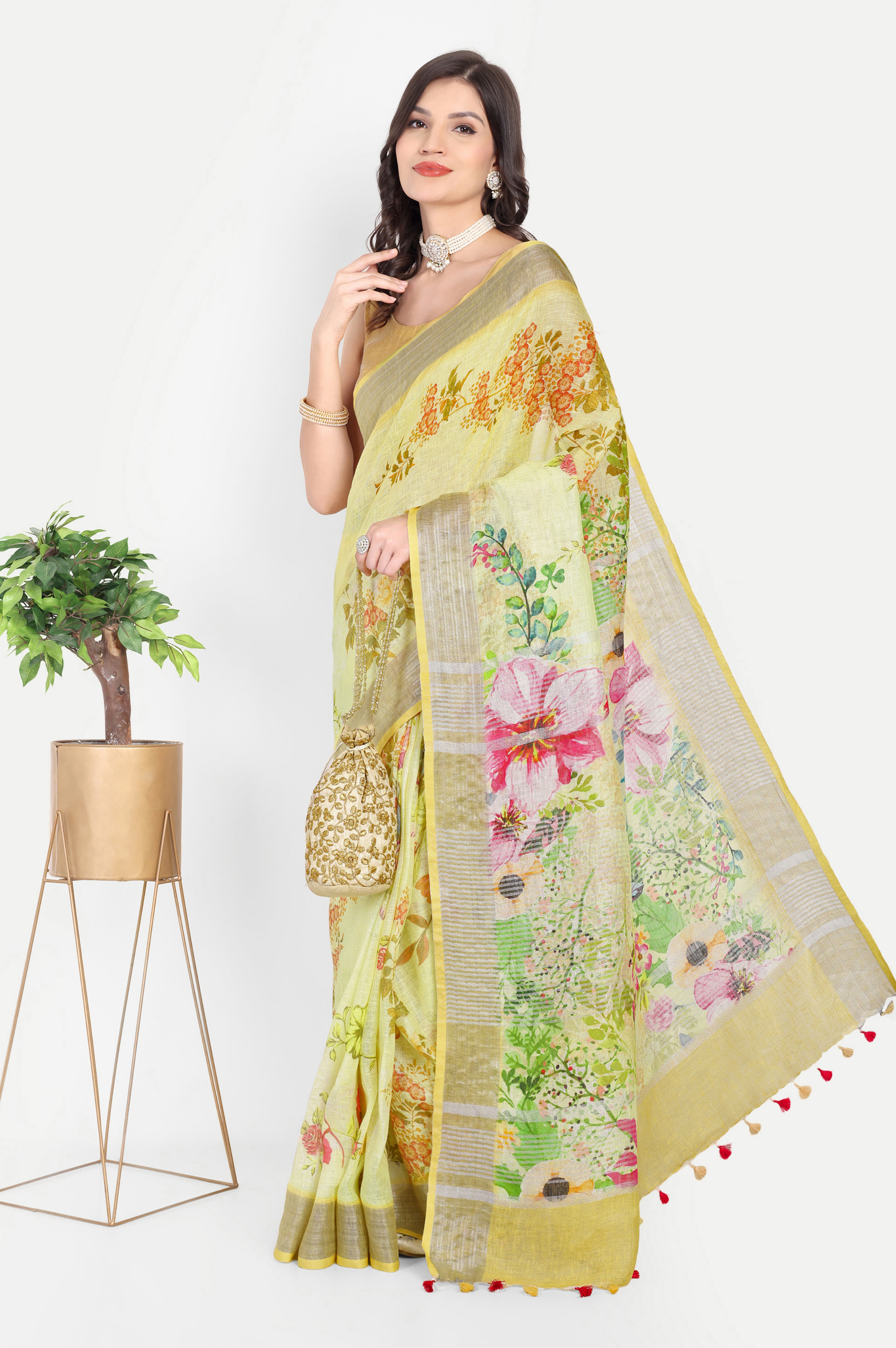 YELLOW FLORAL LINEN SAREE
