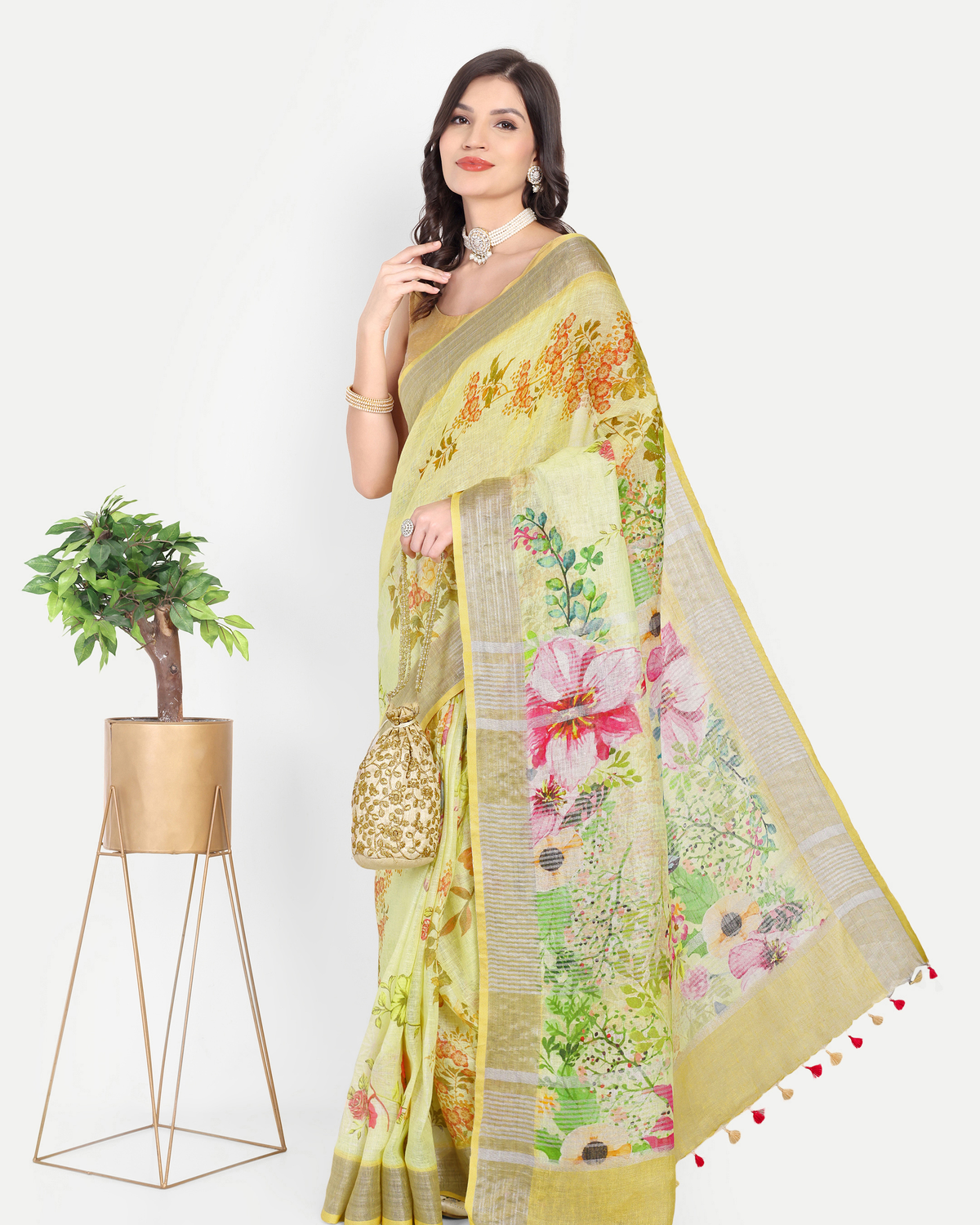 YELLOW FLORAL LINEN SAREE