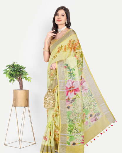 YELLOW FLORAL LINEN SAREE