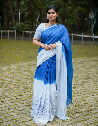 INDIGO WHITE LINEN SAREE