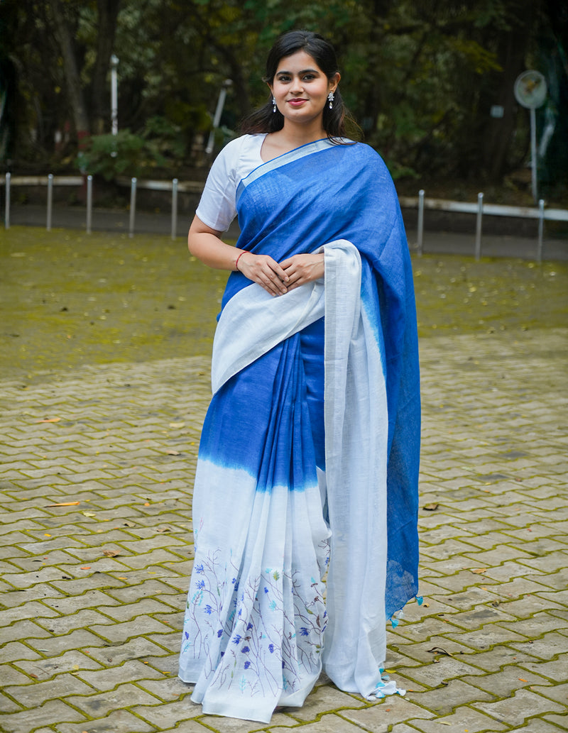 INDIGO WHITE LINEN SAREE