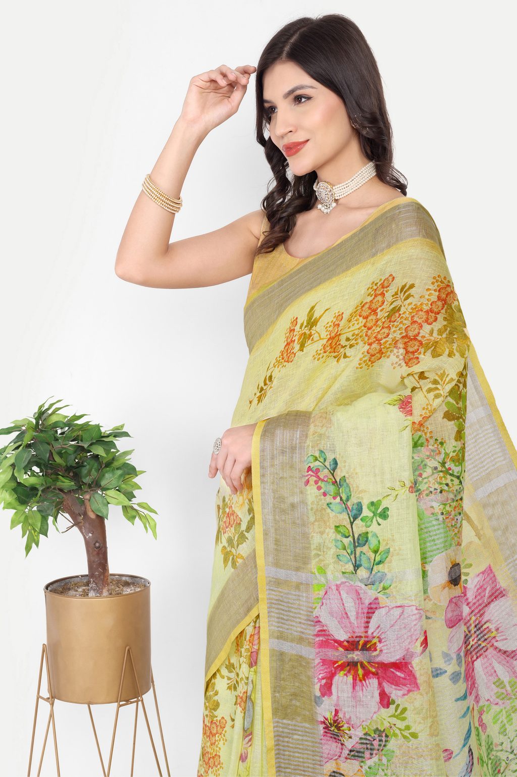 YELLOW FLORAL LINEN SAREE