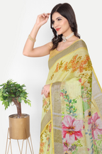YELLOW FLORAL LINEN SAREE