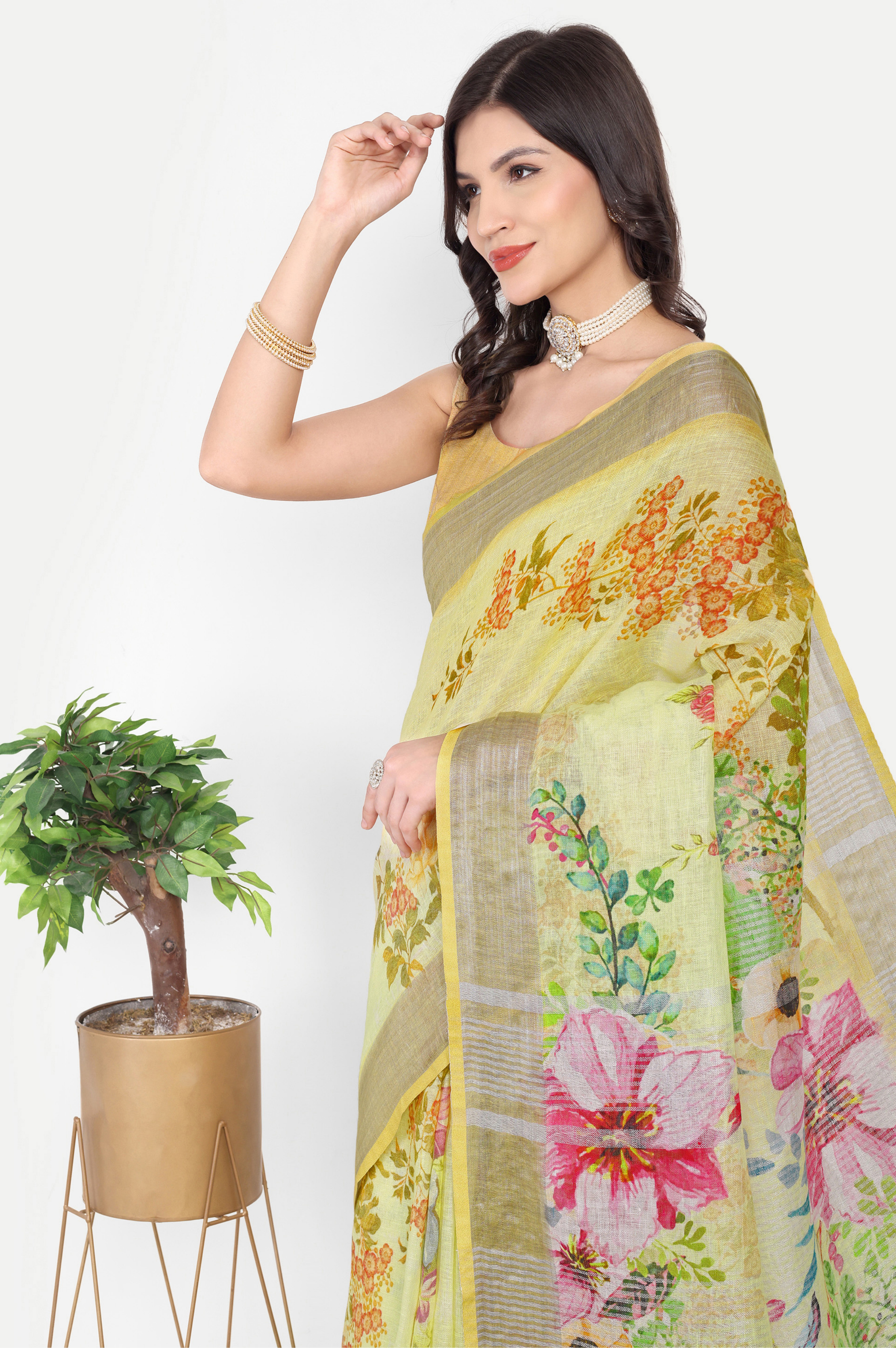 YELLOW FLORAL LINEN SAREE
