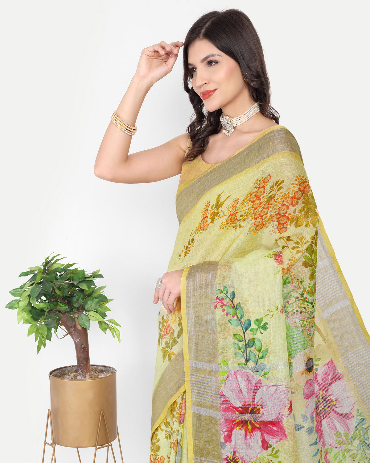 YELLOW FLORAL LINEN SAREE