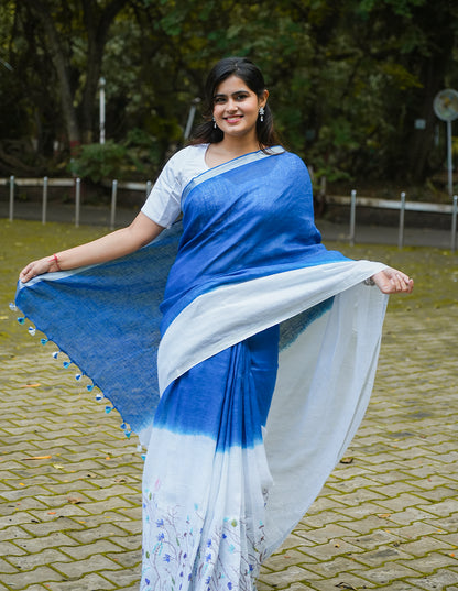 INDIGO WHITE LINEN SAREE