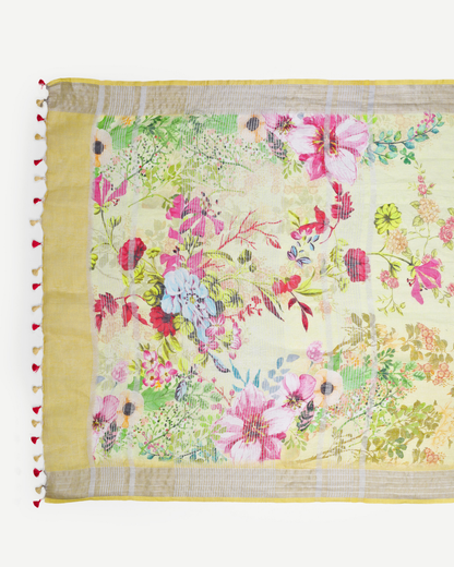 YELLOW FLORAL LINEN SAREE