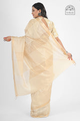 Elegant Cream Muga Silk Saree with Gold Zari Subtle Stripes | Handloom Indian Saree
