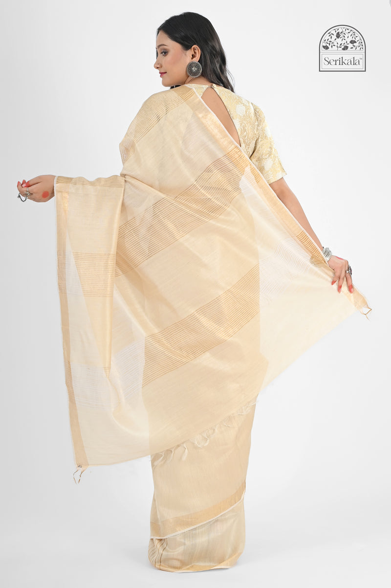 Elegant Cream Muga Silk Saree with Gold Zari Subtle Stripes | Handloom Indian Saree