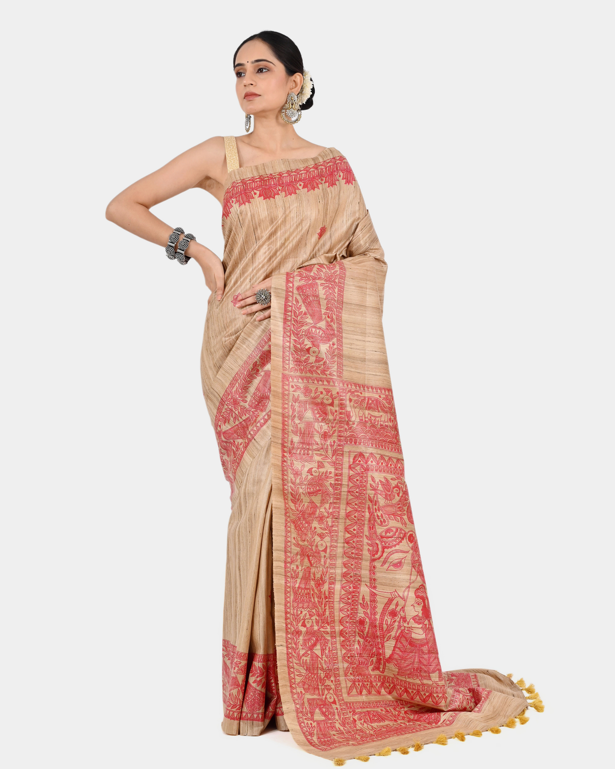 BEIGE MADHUBANI GHICHA SILK SAREE