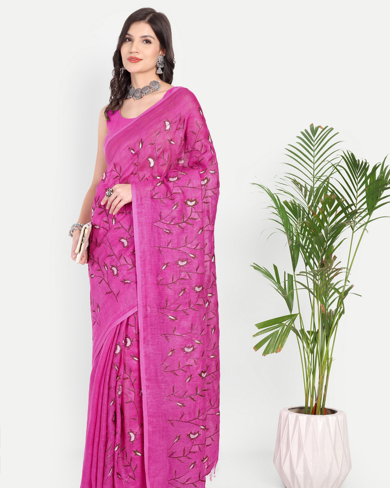 RANI PINK FLORAL LINEN SAREE