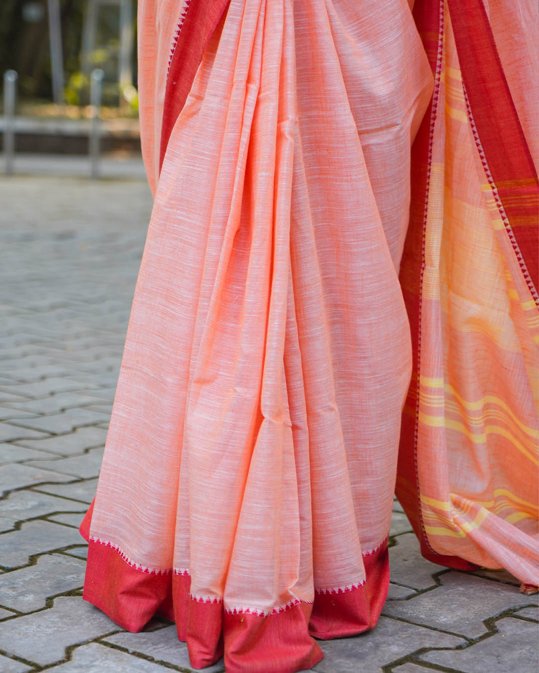 PEACH & RED COTTON SLUB SAREE
