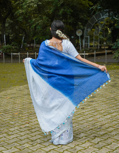 INDIGO WHITE LINEN SAREE