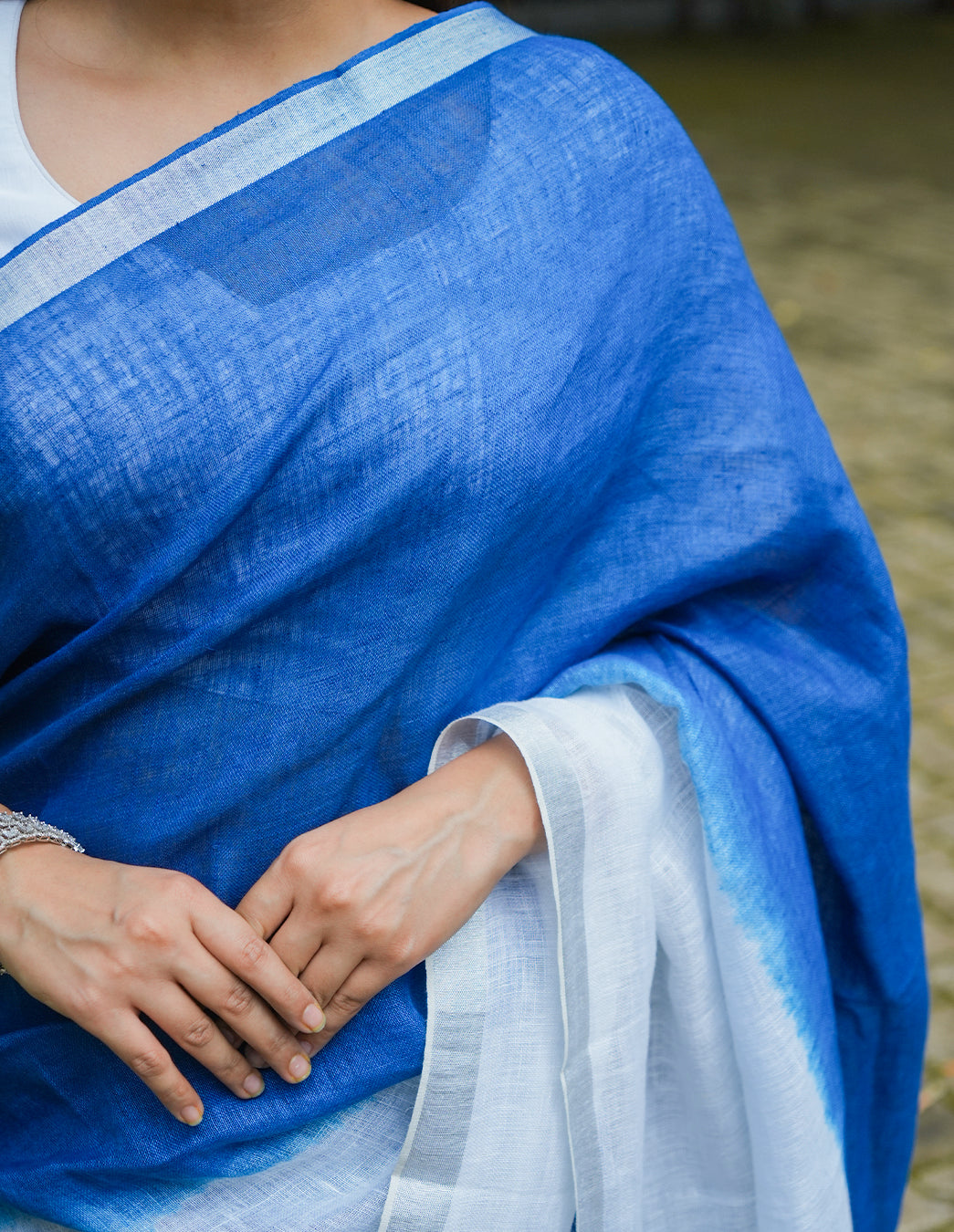 INDIGO WHITE LINEN SAREE