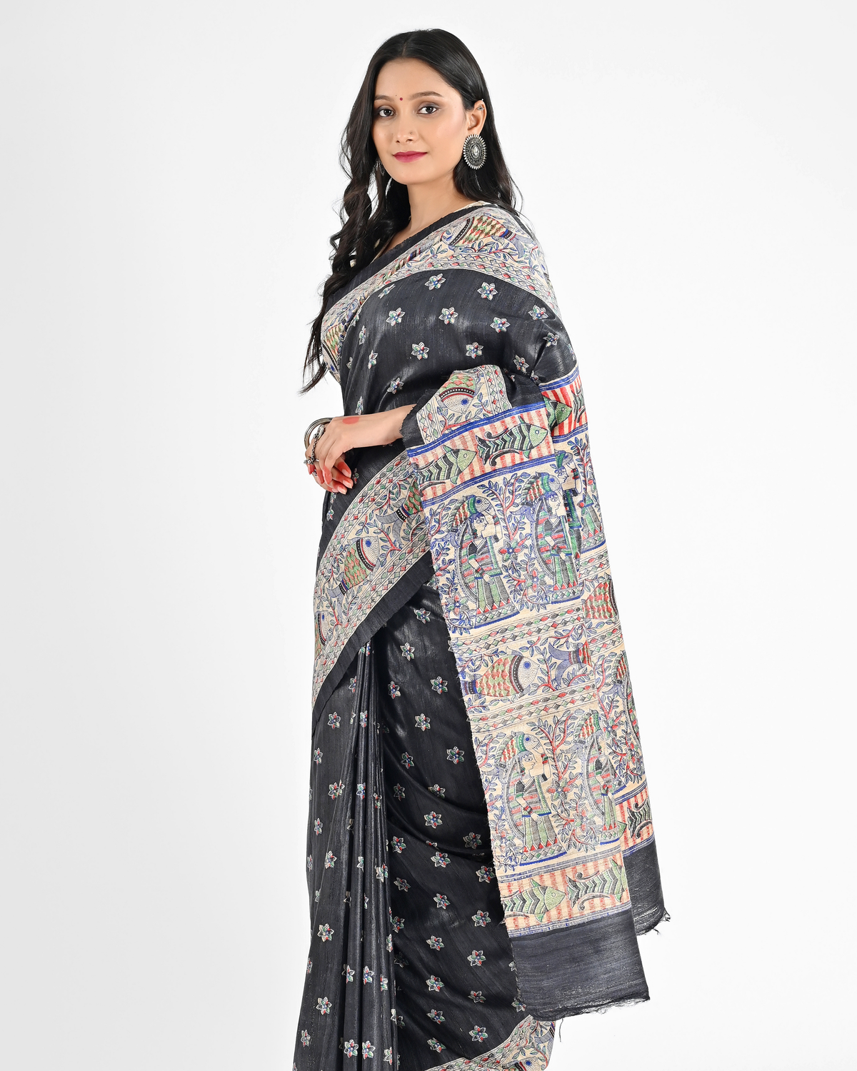 BLACK MADHUBANI GHICHA SILK SAREE