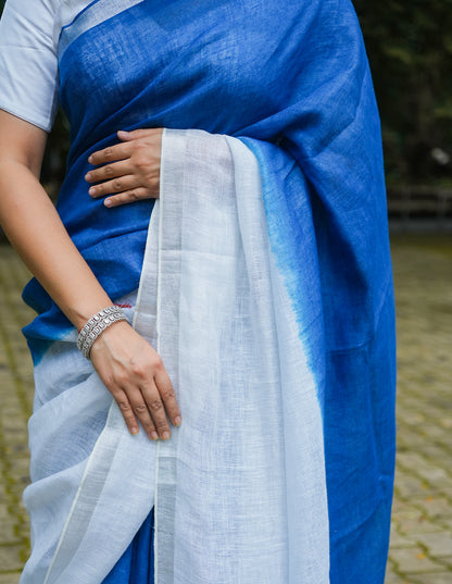 INDIGO WHITE LINEN SAREE