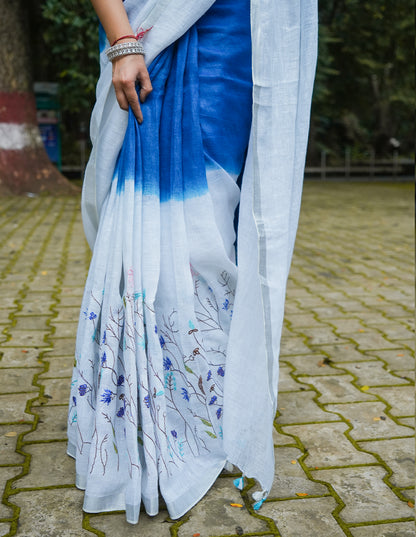INDIGO WHITE LINEN SAREE