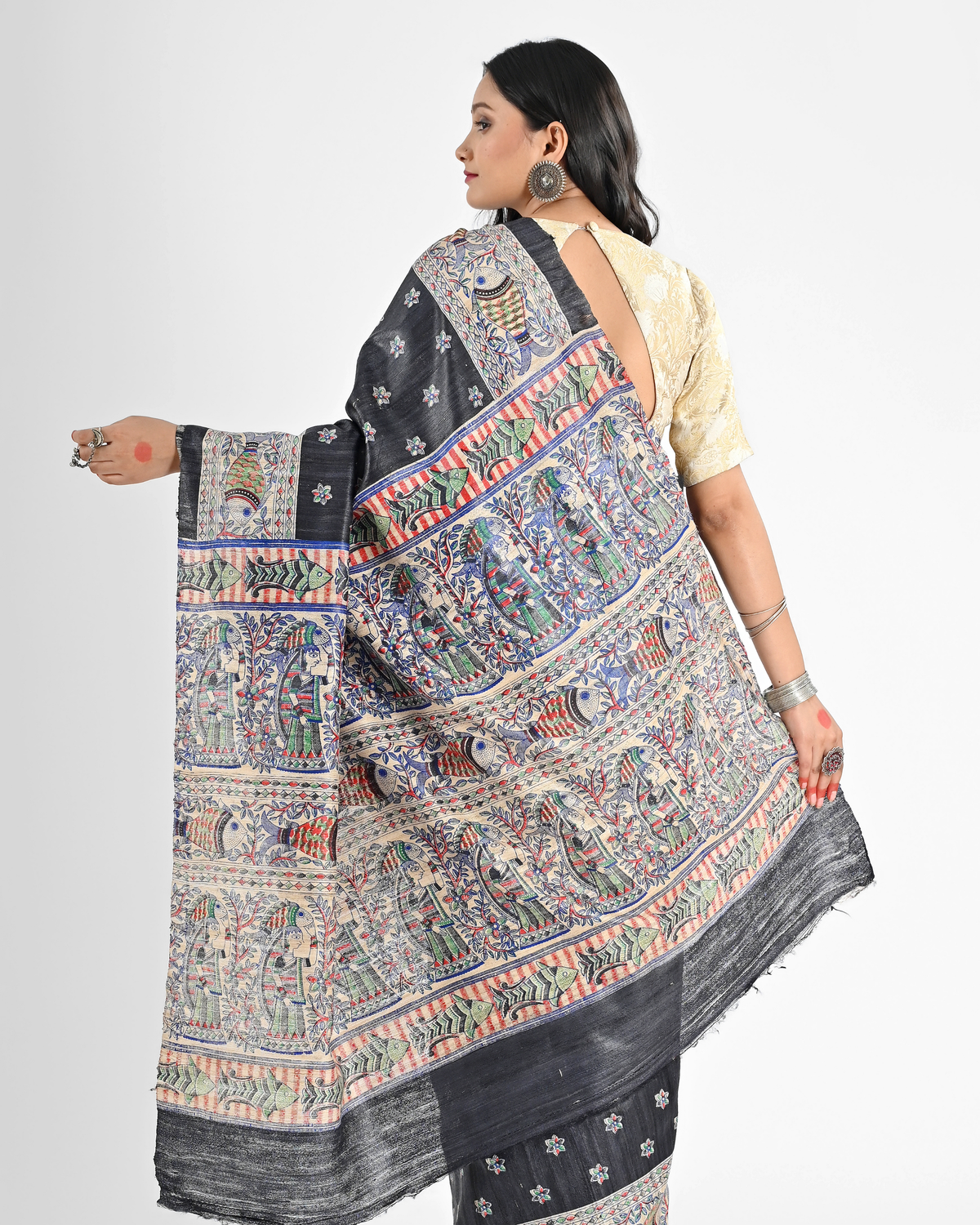 BLACK MADHUBANI GHICHA SILK SAREE