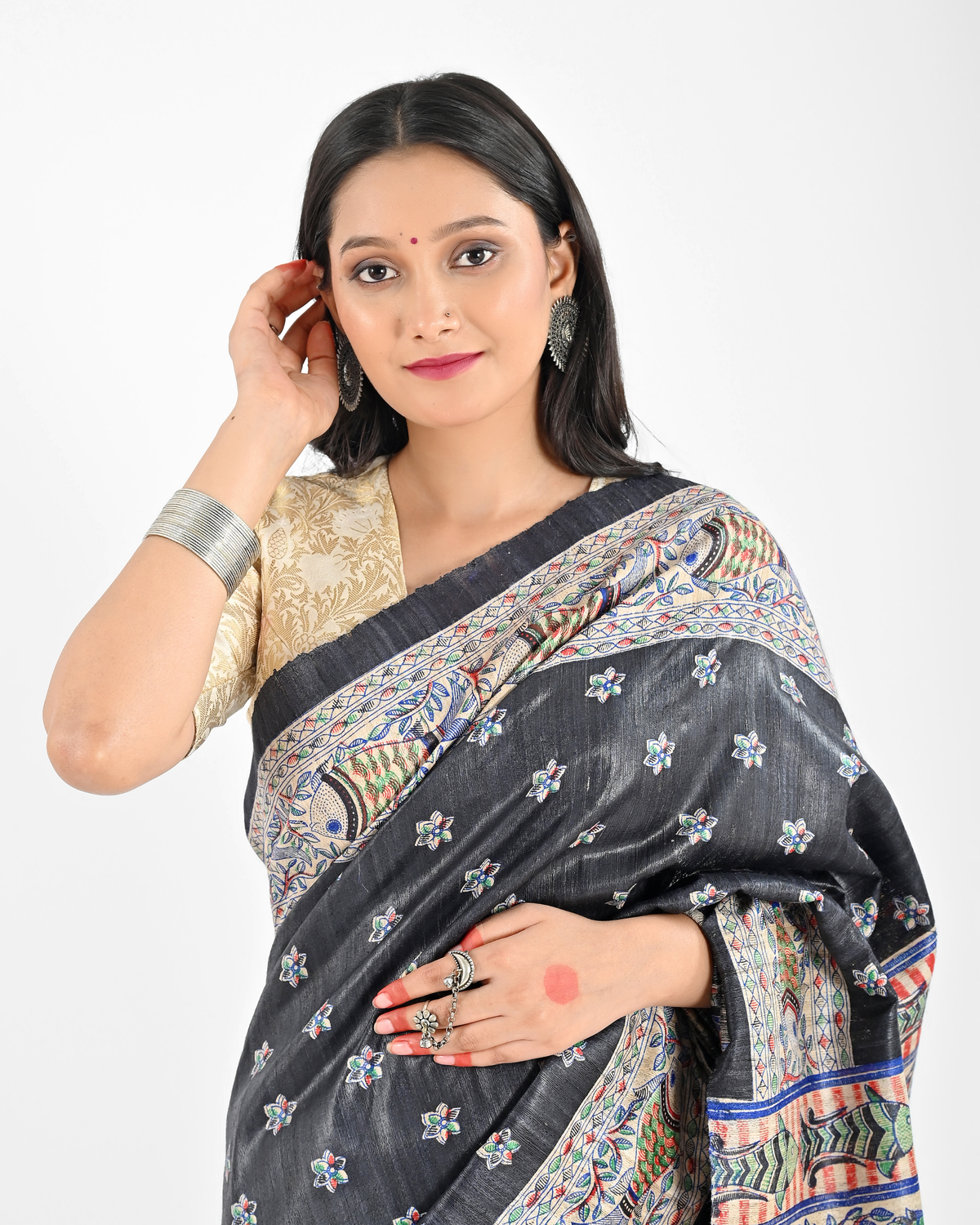 BLACK MADHUBANI GHICHA SILK SAREE