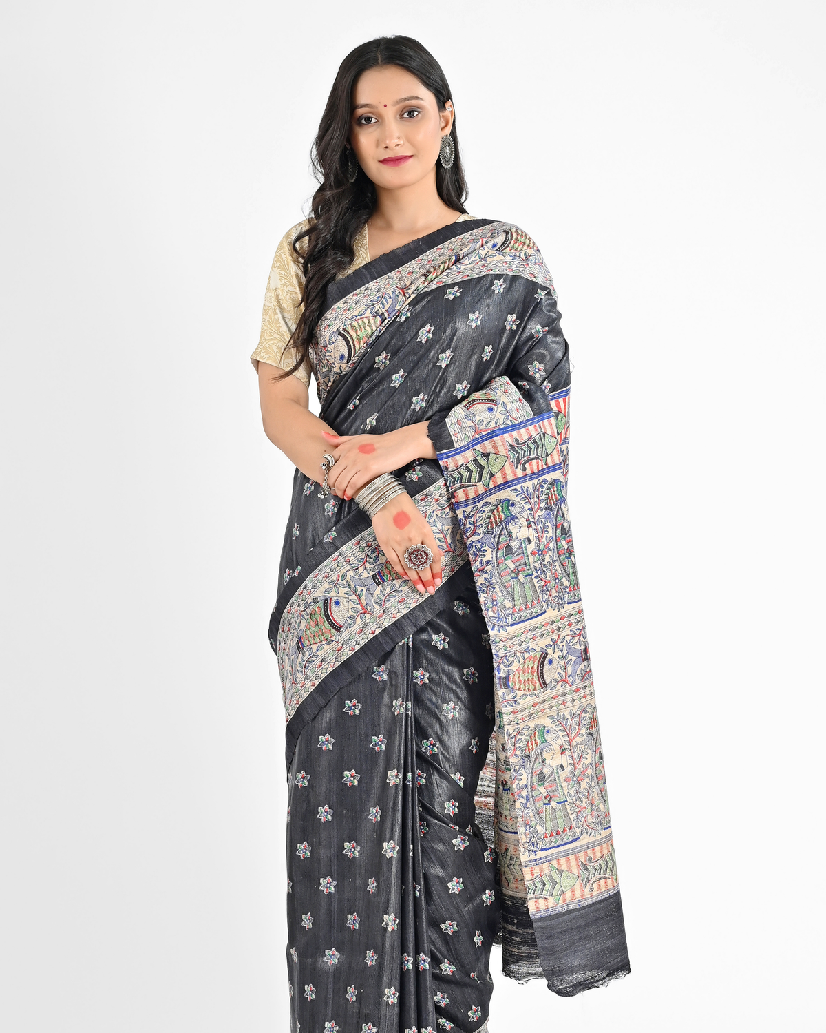 BLACK MADHUBANI GHICHA SILK SAREE