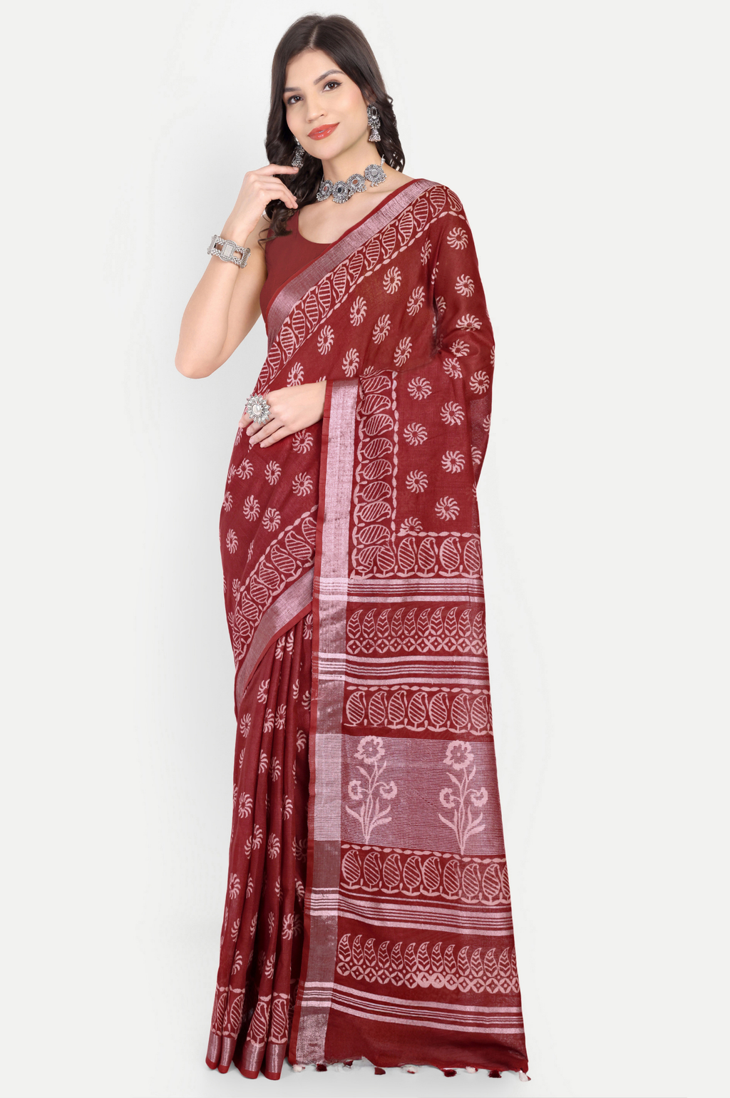 MAROON BLOCK PRINT COTTON SAREE