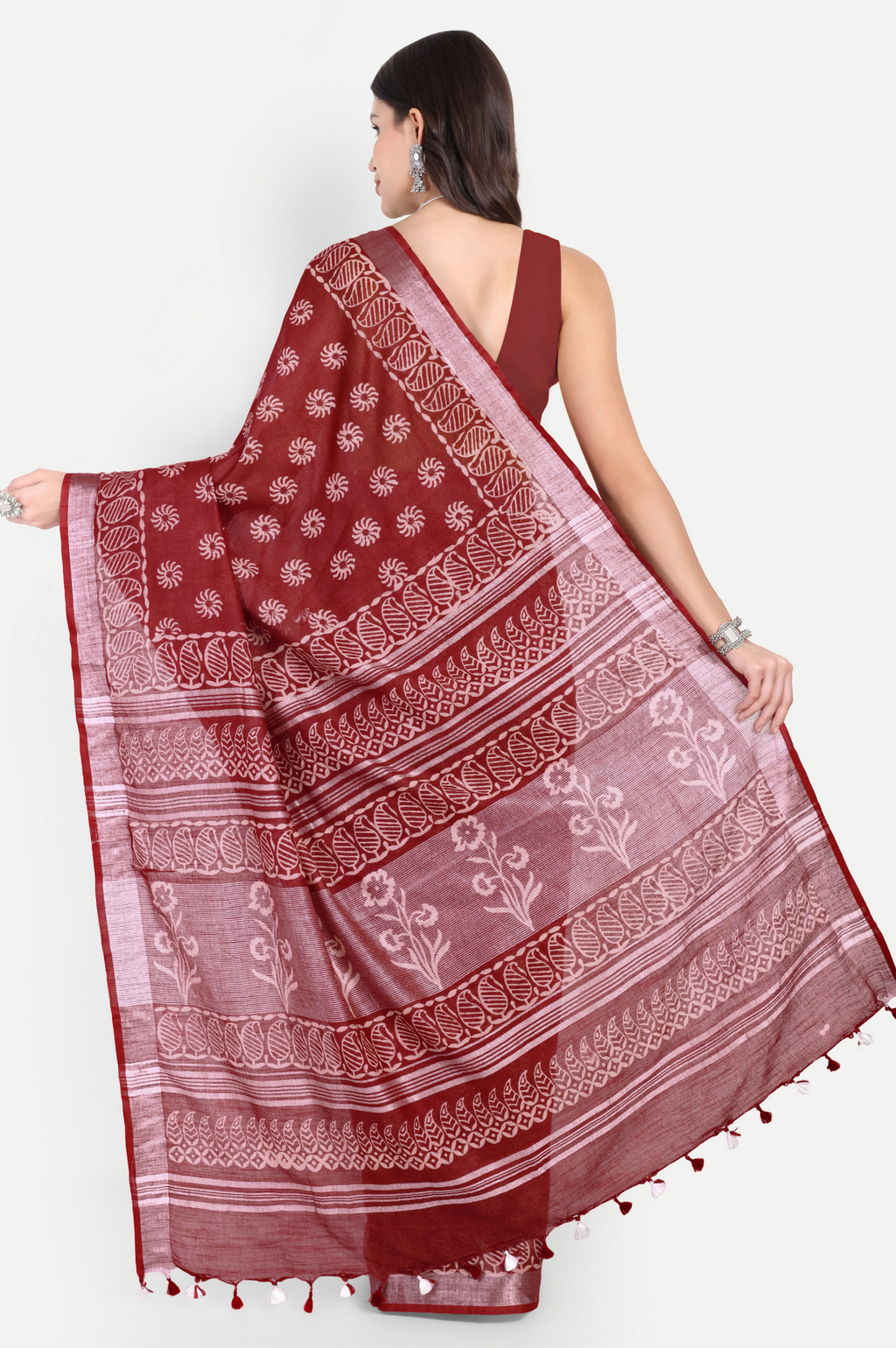 MAROON BLOCK PRINT COTTON SAREE