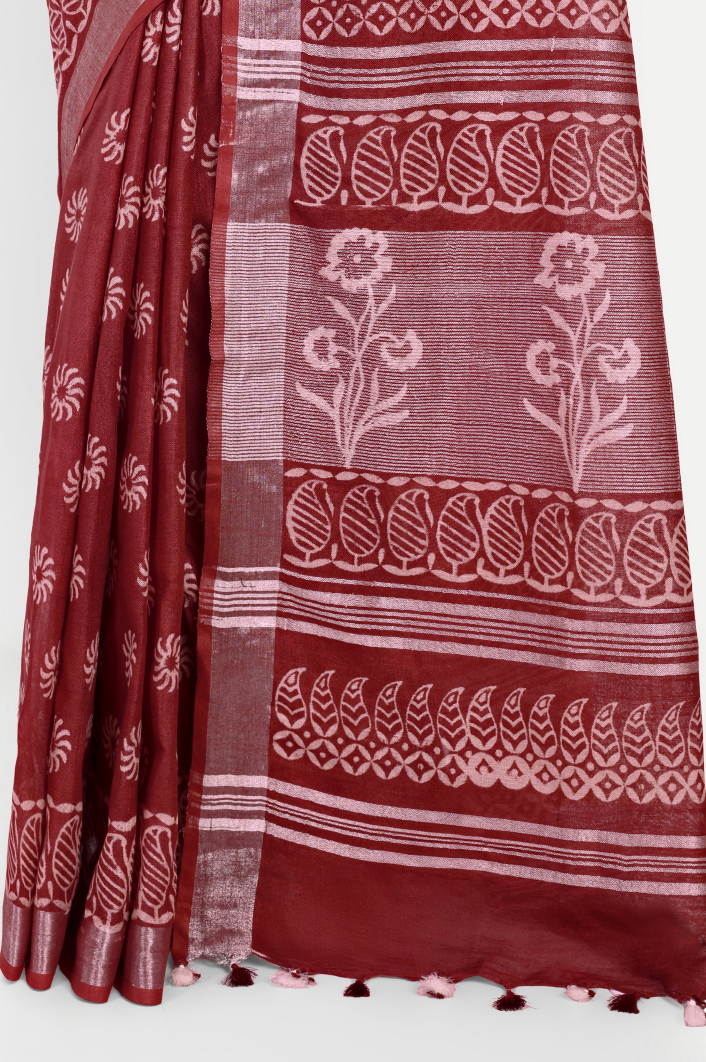 MAROON BLOCK PRINT COTTON SAREE