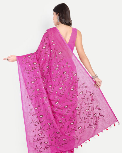 RANI PINK FLORAL LINEN SAREE