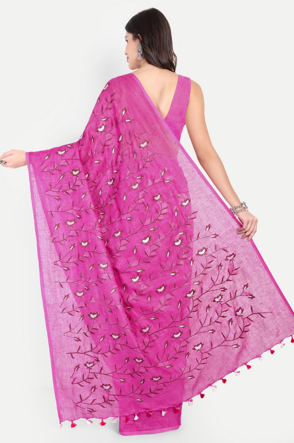 RANI PINK FLORAL LINEN SAREE