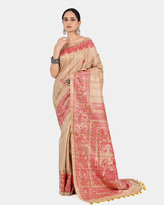 BEIGE MADHUBANI GHICHA SILK SAREE