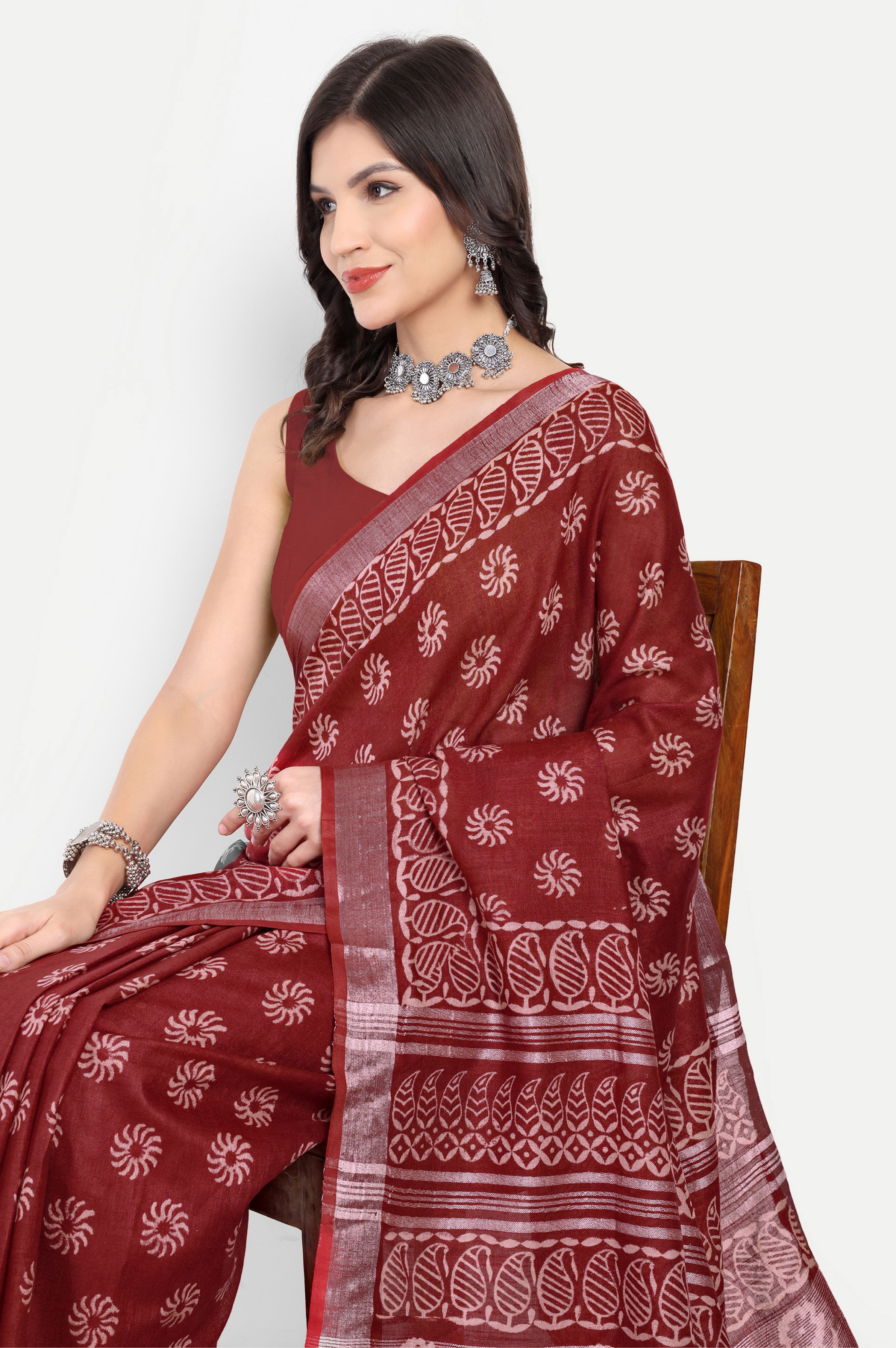 MAROON BLOCK PRINT COTTON SAREE
