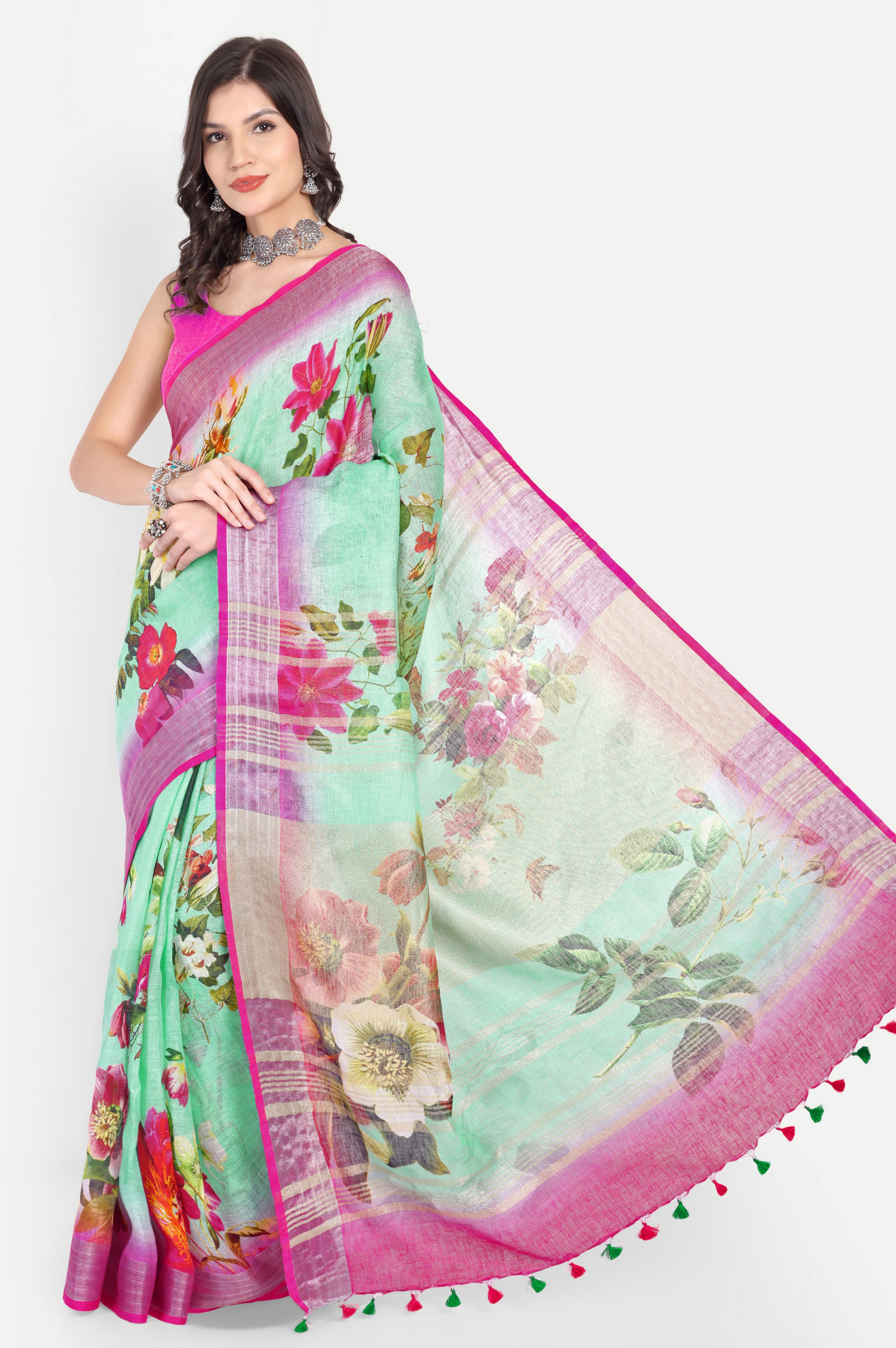 SEA GREEN RANI PINK LINEN SAREE
