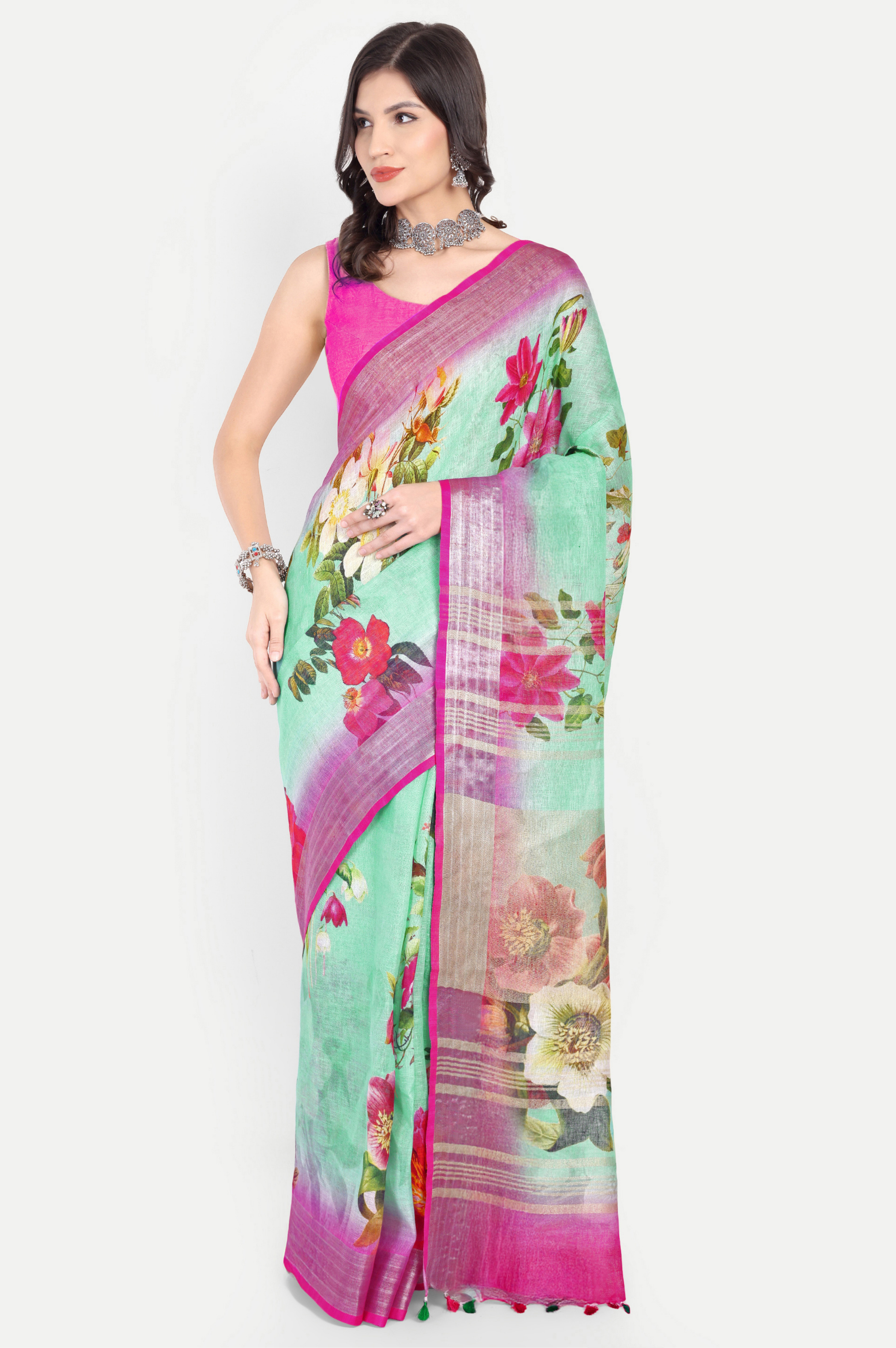 SEA GREEN RANI PINK LINEN SAREE