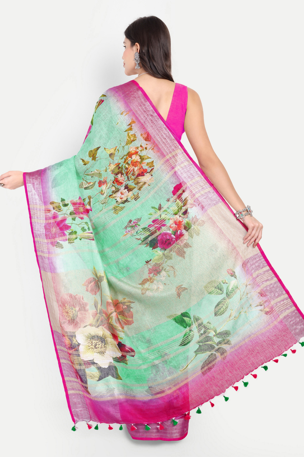 SEA GREEN RANI PINK LINEN SAREE