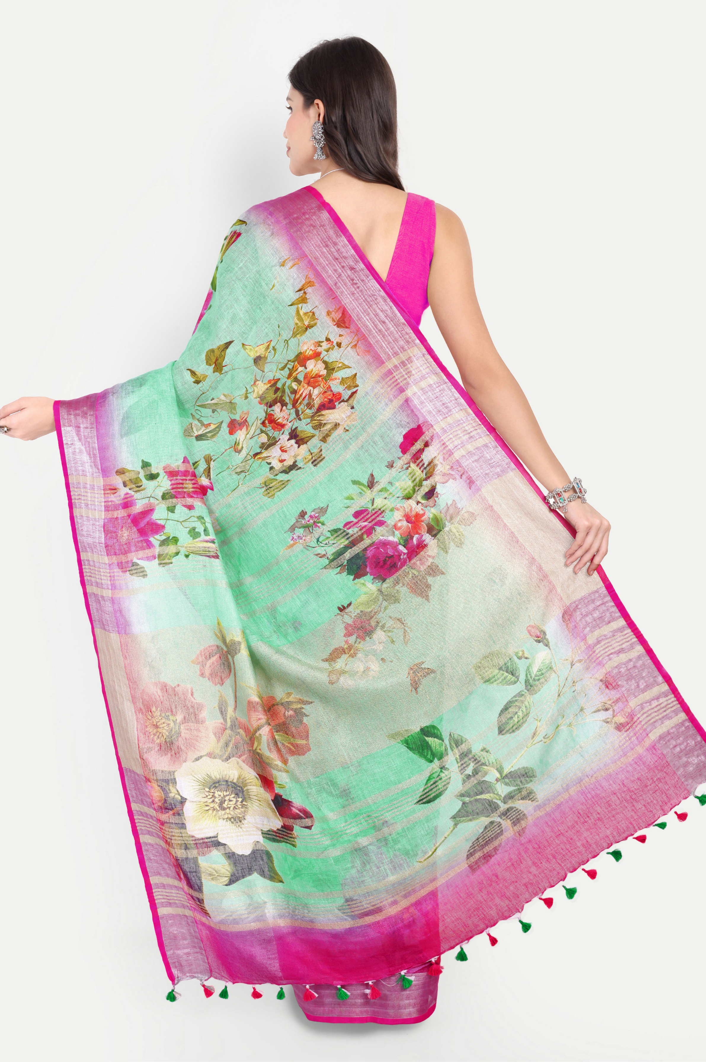 SEA GREEN RANI PINK LINEN SAREE