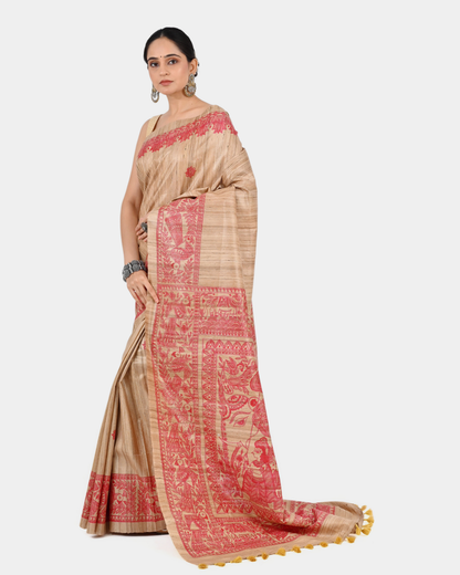 BEIGE MADHUBANI GHICHA SILK SAREE