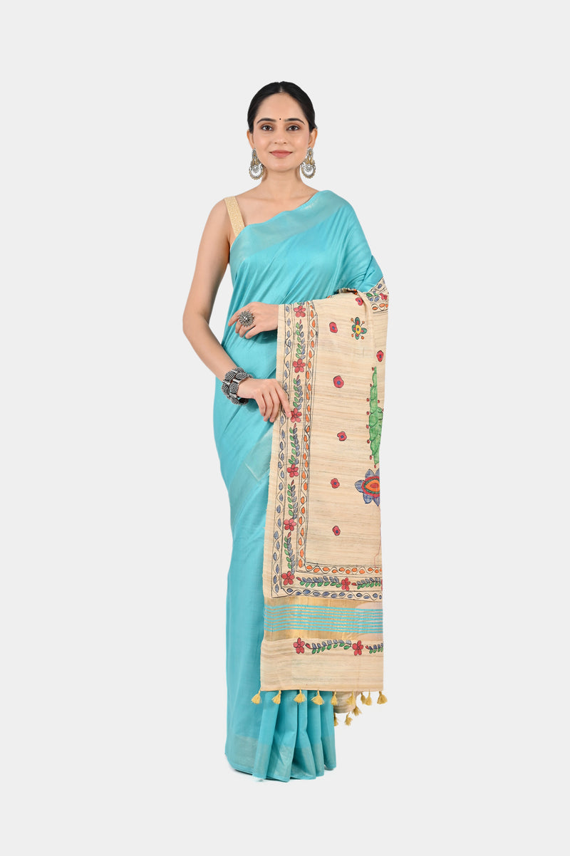 Sky Blue Eri Silk Saree with Hand-Painted Madhubani Pallu | Artistic Handloom Saree | SERIKALA