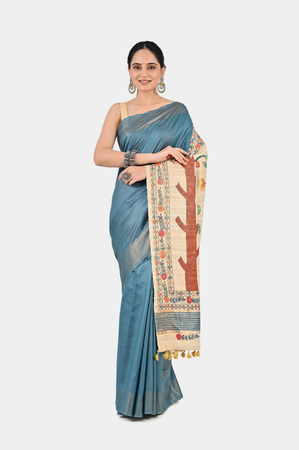 Teal Blue Eri Silk Saree with Hand-Painted Madhubani Art Pallu | Artistic Handloom | SERIKALA