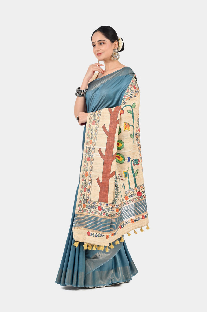 Teal Blue Eri Silk Saree with Hand-Painted Madhubani Art Pallu | Artistic Handloom | SERIKALA