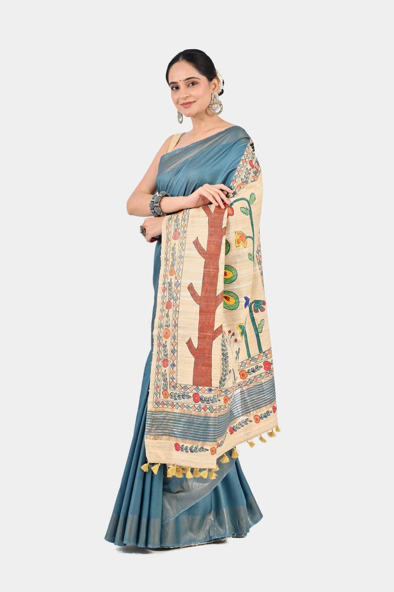 Teal Blue Eri Silk Saree with Hand-Painted Madhubani Art Pallu | Artistic Handloom | SERIKALA