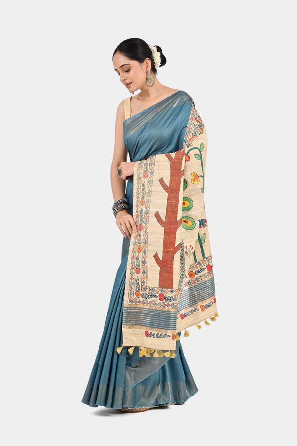 Teal Blue Eri Silk Saree with Hand-Painted Madhubani Art Pallu | Artistic Handloom | SERIKALA