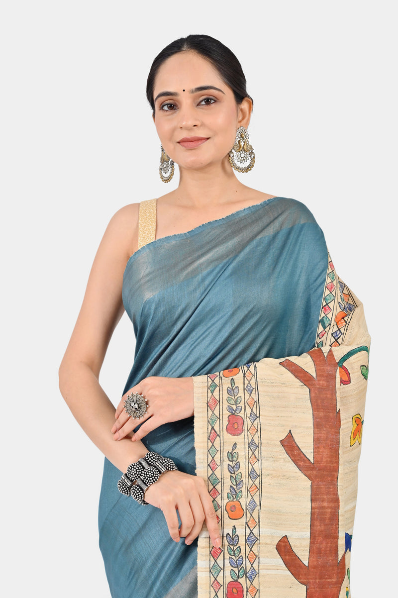 Teal Blue Eri Silk Saree with Hand-Painted Madhubani Art Pallu | Artistic Handloom | SERIKALA