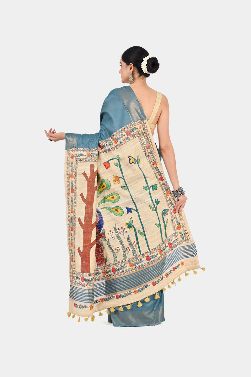 Teal Blue Eri Silk Saree with Hand-Painted Madhubani Art Pallu | Artistic Handloom | SERIKALA