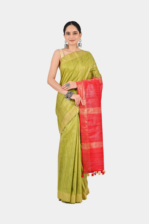Vibrant Olive Green Ghicha Silk Saree with Zari & Red Pallu